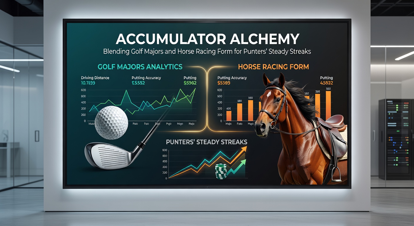 Close-up of a golfer putting on a green next to a horse and jockey mid-race, illustrating the strategic fusion in accumulator building