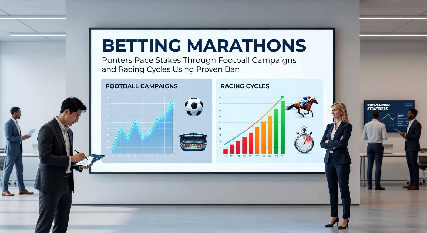 A calendar marked with football fixtures and horse racing meets, overlaid with bankroll charts showing steady upward trends, illustrating marathon betting planning