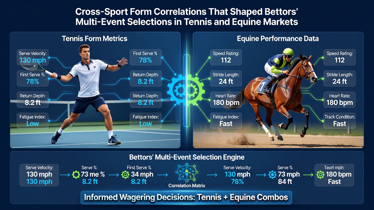 Bettors reviewing statistical charts that connect tennis rally data with horse racing form trends