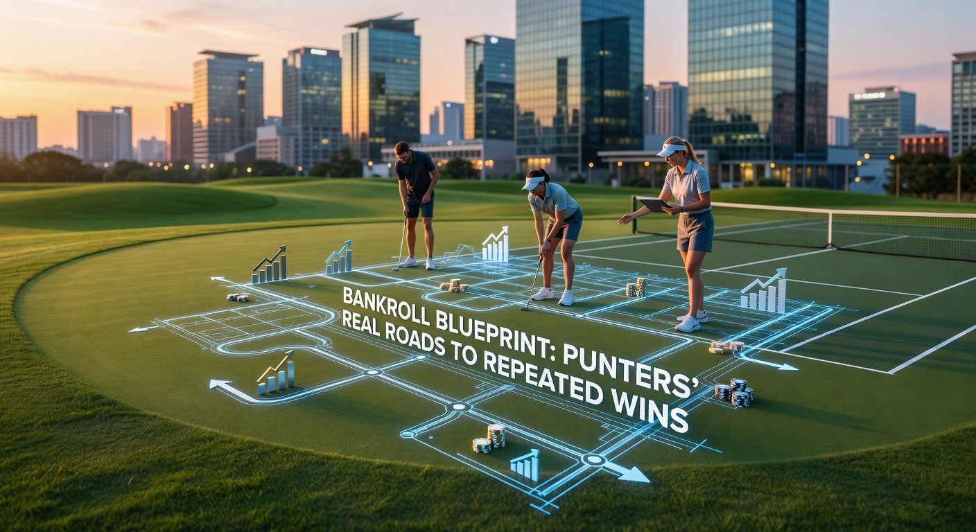Dynamic tennis rally captured mid-point, overlaid with golf fairway view and bankroll progression chart illustrating punter wins