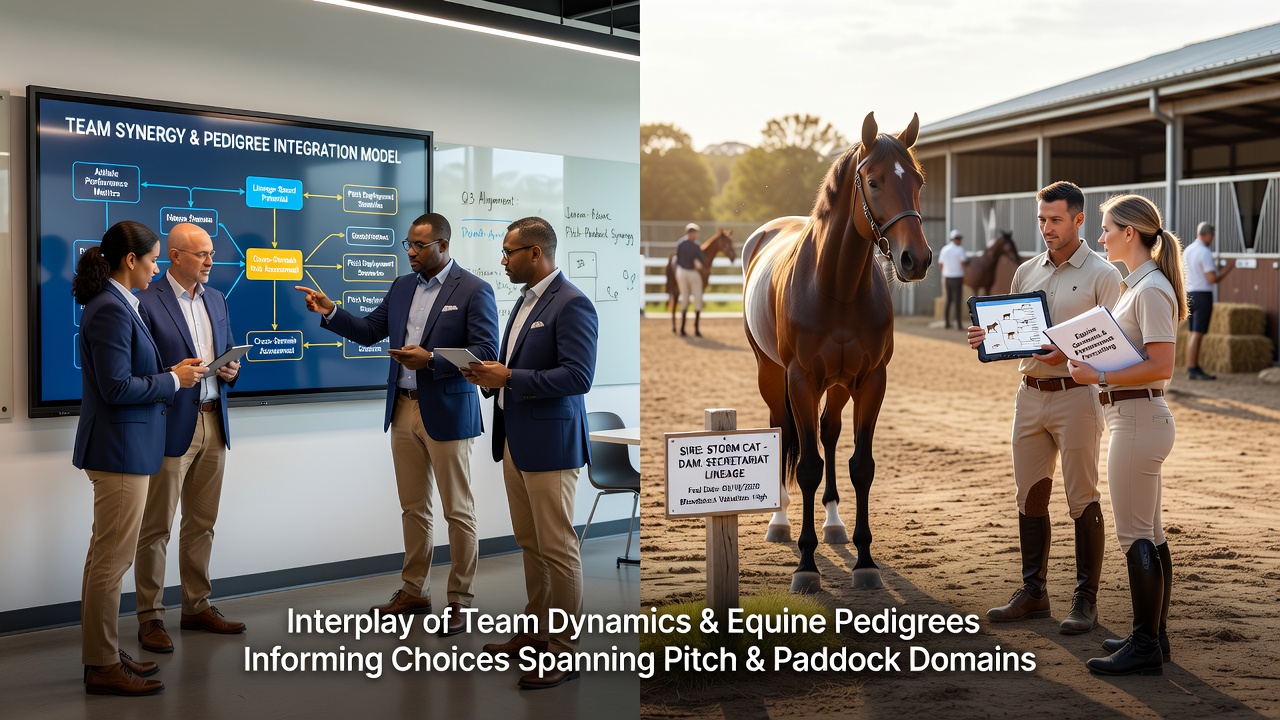 Side-by-side comparison of football team huddle and horse pedigree chart displayed at racing facility