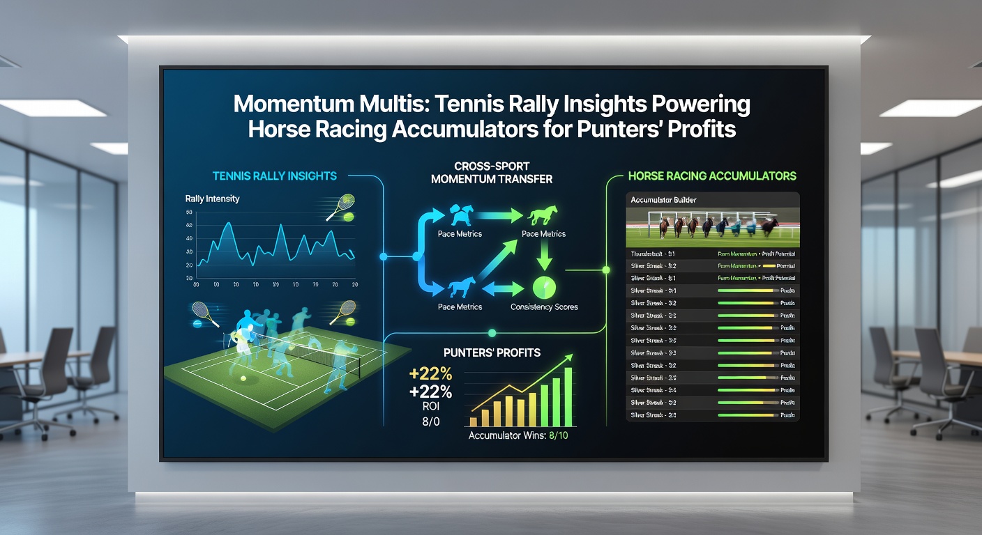 Horse surging ahead in final furlong during rainy race, overlaid with tennis rally action shot illustrating momentum parallels