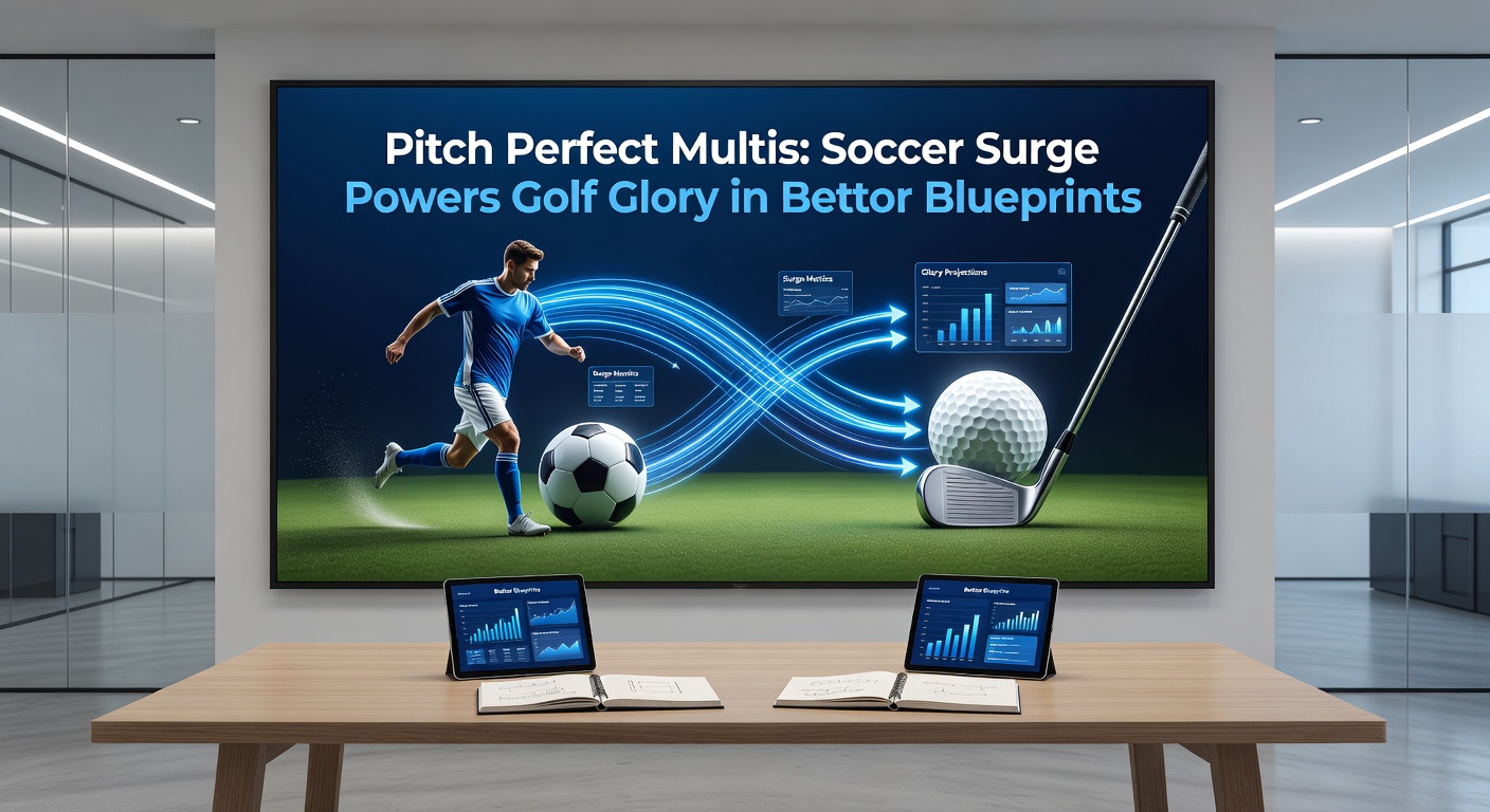 A dynamic graphic overlay of a soccer pitch merging into a golf green, with bet slips and surging arrows indicating multi-bet flows