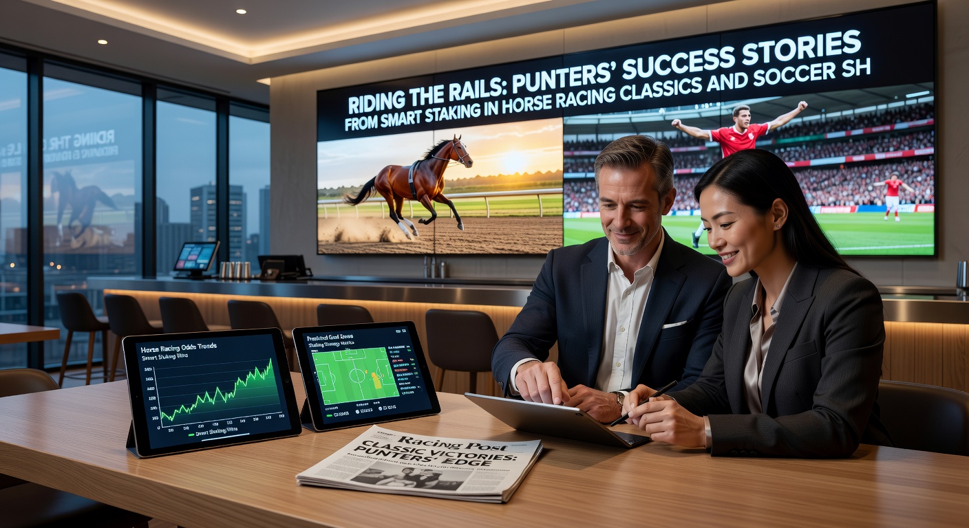 Punters huddled around screens analyzing horse form sheets alongside soccer match stats, highlighting smart staking strategies in action