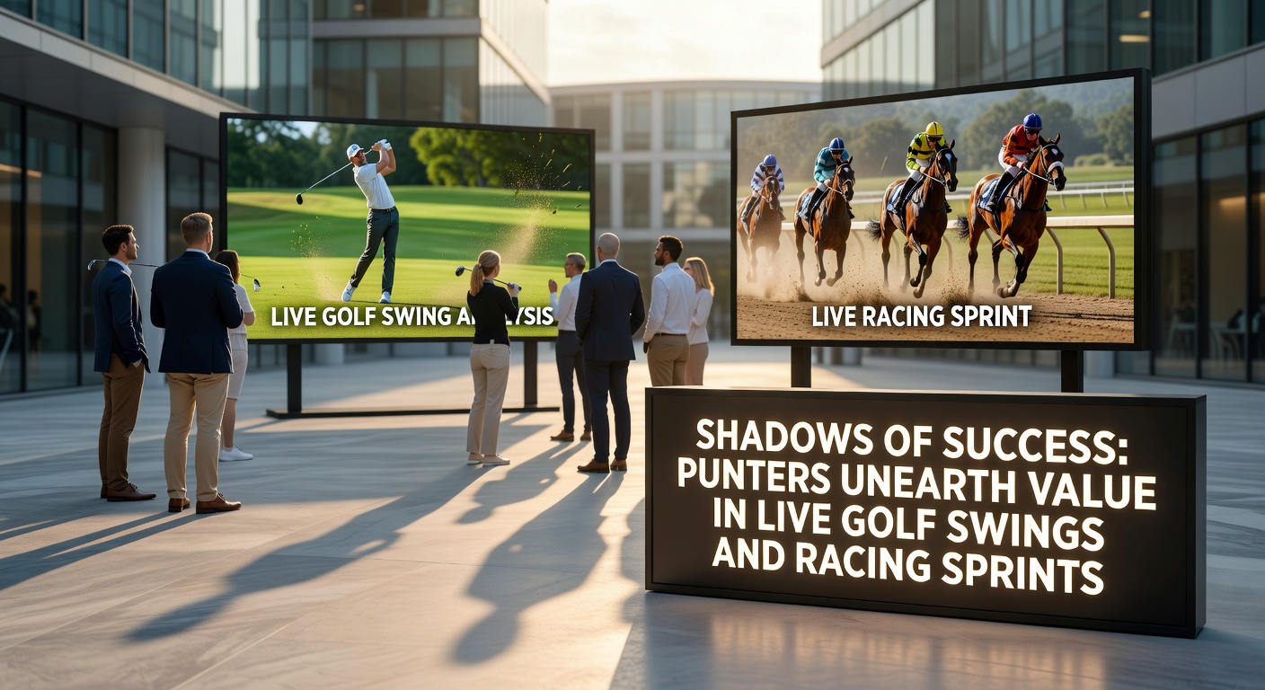 Close-up of a golfer mid-swing on a sunlit fairway paralleled by a split image of horses charging in a sprint race, symbolizing intertwined live betting value