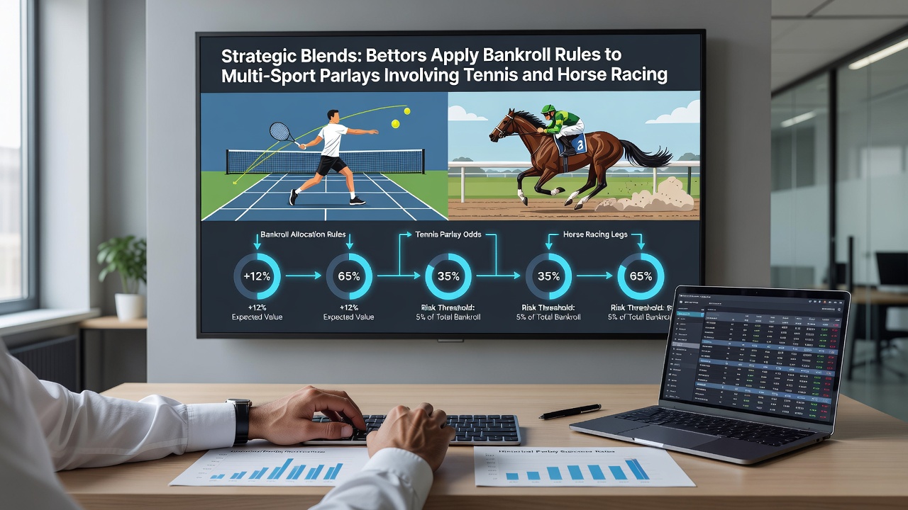 Detailed spreadsheet showing bankroll splits and parlay structures for tennis matches paired with horse racing selections