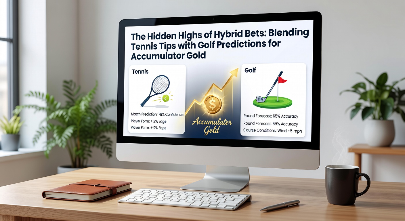 Golf leaderboard with tennis scoreboard overlay, highlighting blended accumulator success metrics