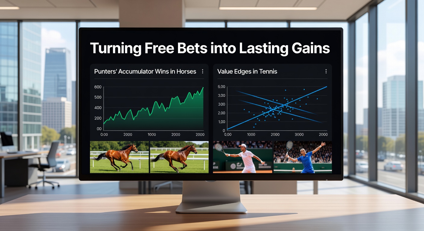 Tennis player serving on clay court with overlaid betting odds and value indicators, next to a horse racing accumulator slip showing winning legs